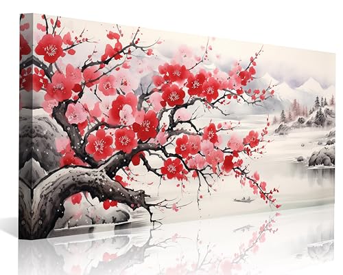 NAN Wind Asian Wall Art Traditional Chinese Painting Oriental Red Plum Blossom Canvas Pictures for Wall Decor Home decor for Living Room Cherry Blossom Decor Landscape Artwork Framed Ready to Hang - color: Red-One Piece, size: 32"L x 16"W