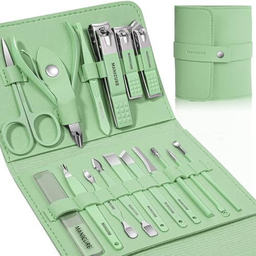 Manicure Set Professional Nail Clippers Pedicure Kit,16 pcs Stainless Steel - color: Green