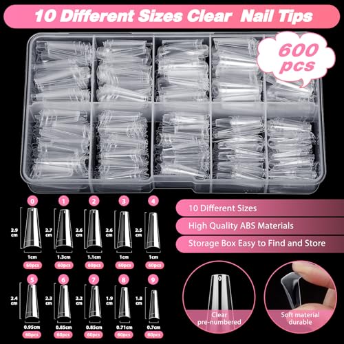 600PCS Clear Coffin Nail Tips Set, French Half Cover Fake Nail Tips Kit - color: French Half Cover Nail Tips Set