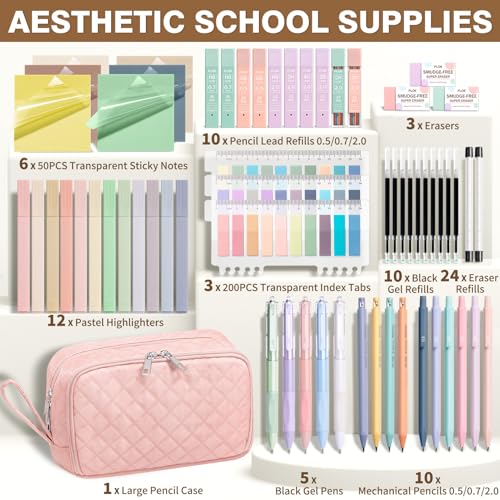 62PCS Aesthetic Back to School Supplies w/ Cute Pencil Case Stationary Set - color: Pink