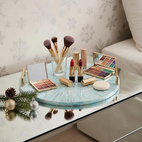 PEMAR Mother of Pearl Decorative Tray, 13" Round with Gold Metal Handles, Vanity/Perfume/Trinket Tray, Catchall for Dresser, Bathroom, Vanity Table (Teal Sunlight) - color: Teal Starburst