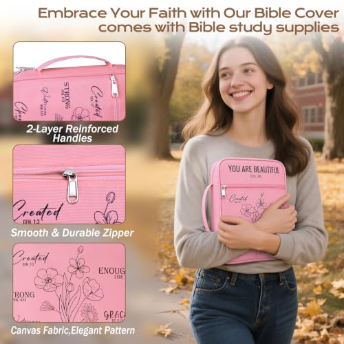 XKDOUS Bible Cover for Women Bible Bag Kit Church Book Holder Carrying Case - color: Black Flower