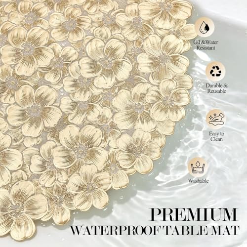 Quantum Love Gold Balloon Flower Round Placemats Set of 6, 3D Vinyl Metallic Platycodon Flower 15 Inch Table Mats, Wipeable Waterproof Non Slip Placemat for Wedding Christmas Party Dining Table Decor - color: Gold Balloon Flower