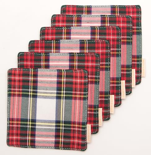 RUTH&BOAZ Traditional Scottish Tartan Plaid Fabric Coasters | for Christmas Parties | Set of 6 | 4”Square (White)