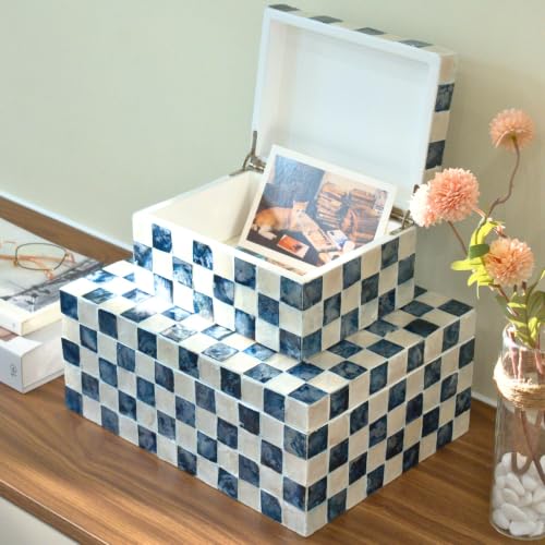 Chi An Home 12"x8" Decorative Capiz Boxes Keepsake Trunk, Navy Blue, Set 2