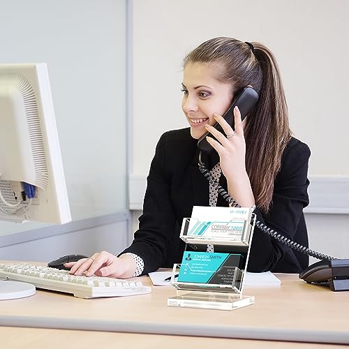 HIIMIEI Business Card Holder Desk, Acrylic Business Card Display, 2 Tier Clear Business Card Stand for Office, Exhibition, Meeting, Home, 120 Card Capacity