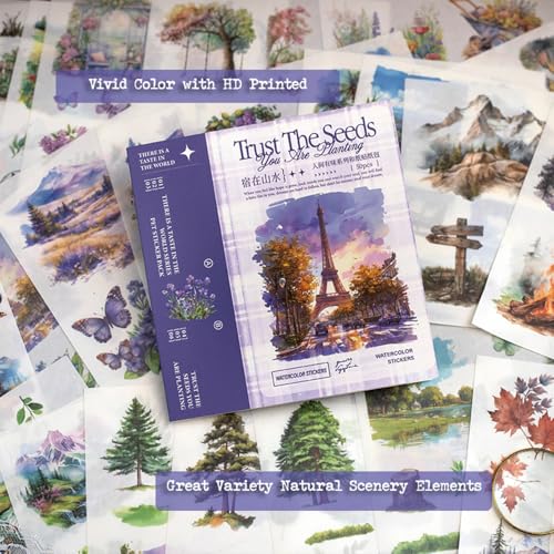 Seasonal Nature Landscape Stickers for Junk Journal Supplies, 50 Sheets Pre-Cut Washi Scrapbook Sticker Book for Journaling, Scrapbooking, Bujo, Planners, Card Making, Collage, Art Crafts - color: Living in the Nature Stickers