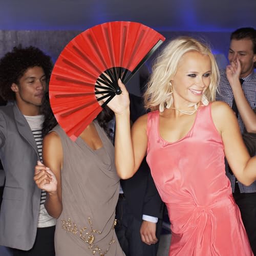 2 Pack Large Folding Hand Fan for Men/Women, Rave Fan Chinese Kung Fu Tai Chi Hand Fan Black Vintage Foldable Hand Fans for Dancing, Festival, Gift, Home Decorations(Red) - color: Red