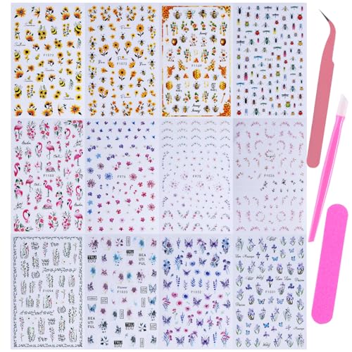 Summer Nail Stickers for Nail Art 12PCS Flower Nail Decals Self-Adhesive Butterfly Bee Ladybug Flamingo Floral Leaf Plant 3D Nails Supply DIY Sliders Manicure Decoration Accessories for Women - style: Summer Bee Flower