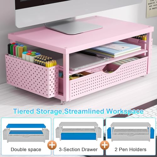 gianotter Monitor Stand with Drawer and 2 Pen Holders (Matte Pink) - color: Matte Pink