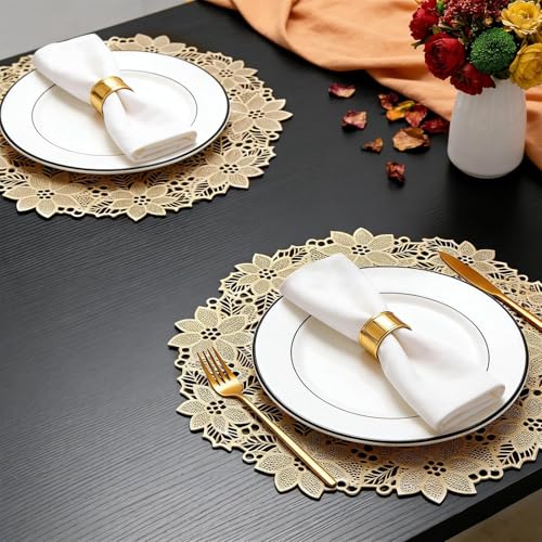 Quantum Love Set of 6 Gold Metallic Vinyl Round Placemats with Wreath Heat-Resistant Washable 15 Inch Table Mats for Daily Use Wedding Gathering Party Decor - color: Gold Wreath