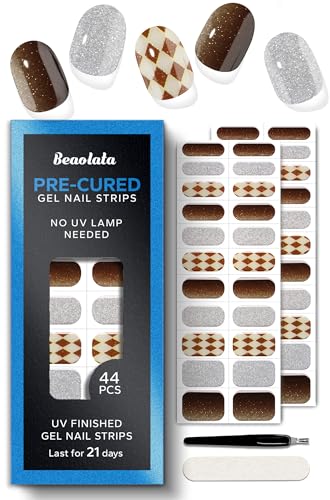 Real Gel Nail Strips (No UV Light Needed) - 44Pcs Salon Quality Nail Stickers - Long Lasting Polish Wraps for Women, Easy Apply & Remove (Brown Check) - color: Brown Check Sparkle
