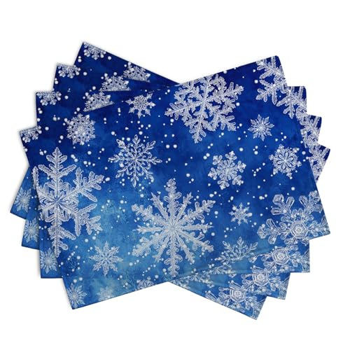Winter Blue Snowflake Placemats Set of 4 Merry Christmas Snowflakes Linen Fabric Table Mats Seasonal Xmas Holiday Washable Place Mats for Party Kitchen Dining Outdoor Indoor Decor - color: Blue Snowflake-b