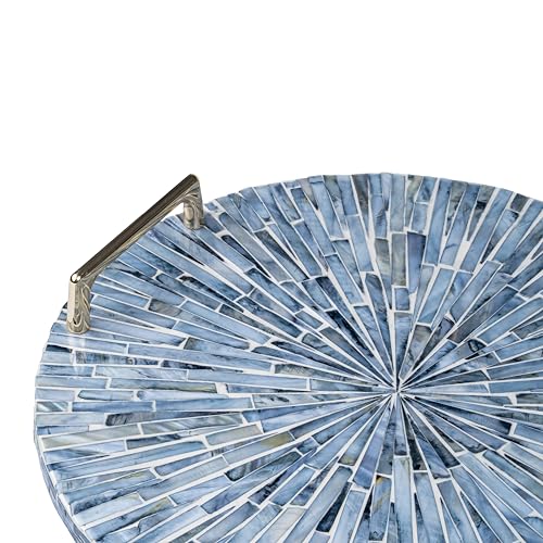 PEMAR Mother of Pearl Decorative Tray, 13" Round Versatile Display and Serving Tray with Gold Handles, Vanity/Perfume/Trinket Catchall for Dresser, Bathroom, Vanity Table (Blue Starburst) - color: Blue Starburst