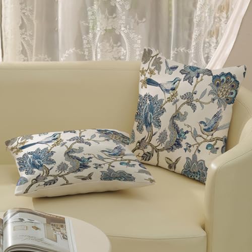 Chinoiserie Pillow Covers 18x18 Pack of 2 Blue Birds Floral Throw Pillow Covers Outdoor Decoration,Vintage Flower Pillowcase Farmhouse Decorative Linen Cushion Case for Home Couch Sofa - color: Blue Floral Birds, size: 18" x 18" (Pack of 2)