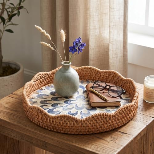 12 Inch Round Rattan Tray Mother of Pearl Inlay, Feather Style - style: Feather Style