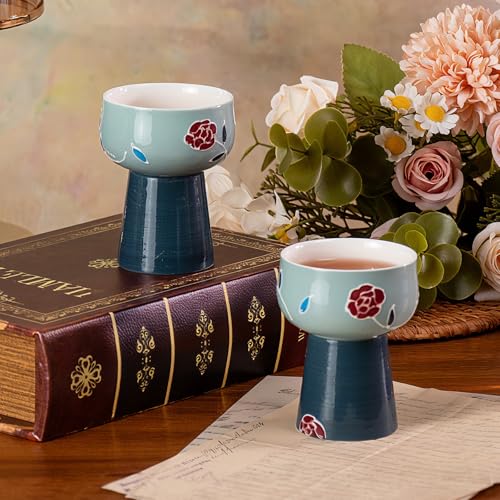 KAMMAK Tea Cup Set of 2 Small Tea Cups 2.1oz Blue Porcelain Tea Cup Set, Asian Ceramic Teacups for Home, Party, Office, Chinese Kung Fu Tea Set for Hot/Cold Drink (Mingji Mountain) - style: 706N High Foot Blue