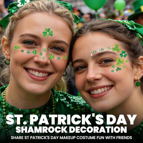 St Patrick's Day Shamrock Face Tattoo with Green White Face Gems