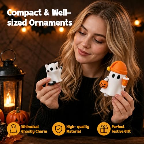 Cute Cat Halloween Ghost Figurine with Pumpkin Bucket and Orange Drink - color: Orange Pumpkin Kitten Ghost