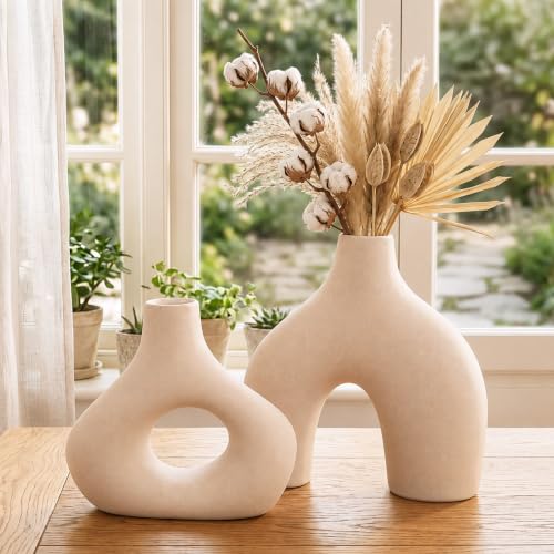 Patelai Set of 2 Mid Century Modern Home Decor Donut Vases, Brown - color: Brown