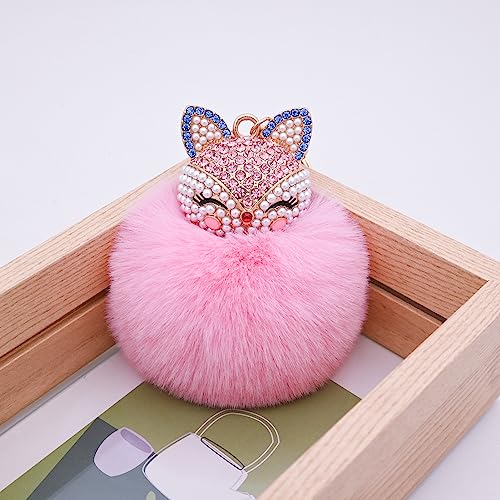 Faux Rabbit Fur Pom Pom Keychain with Fox Head - color: Pink2