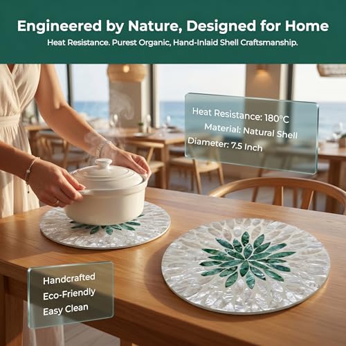 7.5" Mother of Pearl Shell Placemat, Round Decorative Charger Plate - color: Green leaf shell