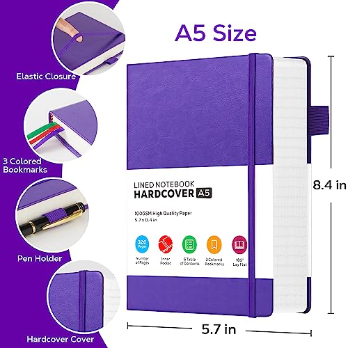 FOCUS DAY Lined Journal Notebook, 320 Pages Leather Hardcover Thick A5 College Ruled Thick Classic with Pen Loop, for Writing Women Men Office Work, 5.7'' X 8.4'', Pearlescent Purple - color: 3.Purple, size: A5