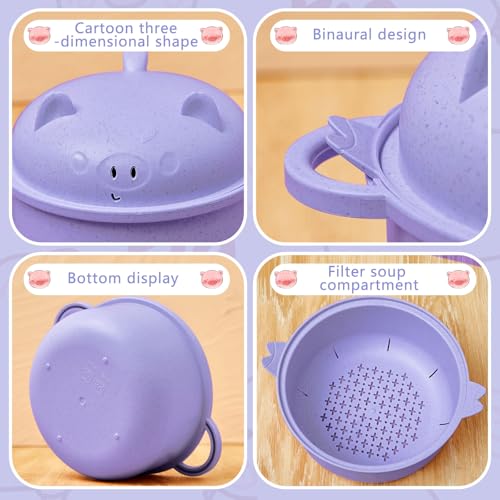 1 Set Large 45oz Cute Pig Ramen Bowl Set Microwavable Cooker, Purple - color: Purple