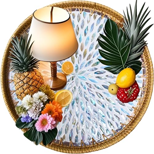 i-lan 18-Inch Large Round Mother of Pearl Rattan Decorative Serving Tray - size: 17.8"