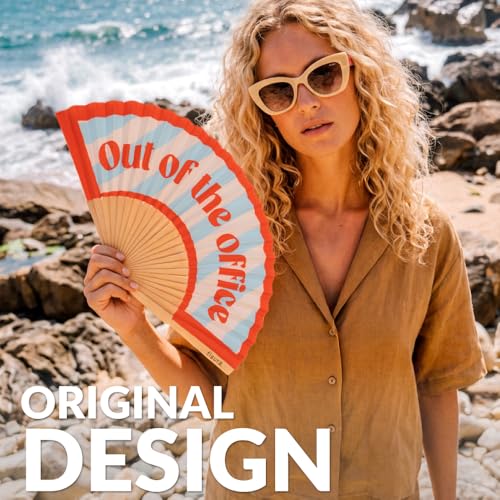 Fisura – Original folding fan with “Out of the Office” message. Colorful wooden folding fan in blue and red with strap included. Fun gift idea for travel beach days or summer events. 16.7 x 9 in. - color: Out of the Office, Blue Stripes