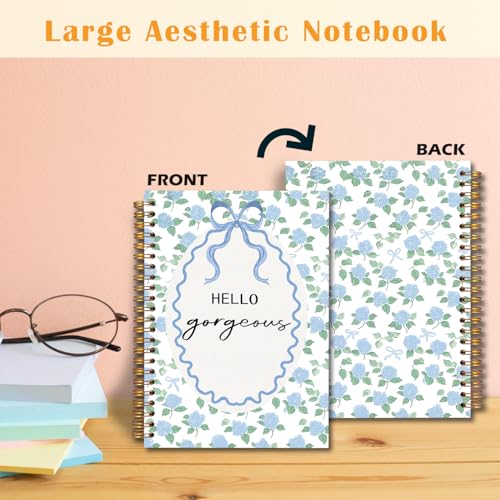 JINYO Hello Gorgeous Hydrangea Floral Notebook, Coquette Blue Bow Notebooks for Note Taking, Preppy Blue Journals for Writing, Girly Aesthetic Floral Spiral Notebook 5.5x8.3 Inch - color: white