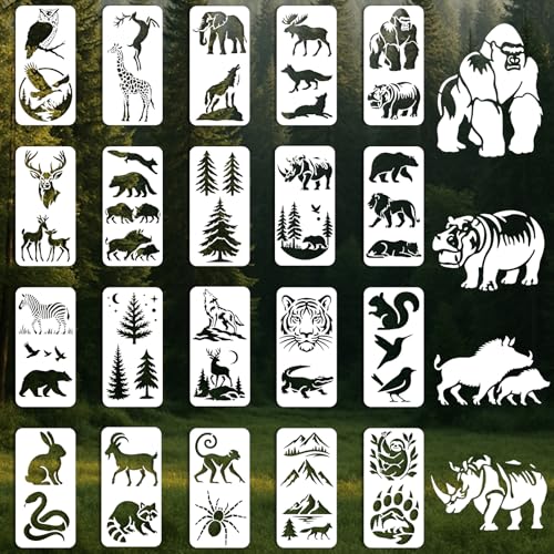 20Pcs Forest Animals Stencil PET Painting Templates Owls Eagle Deer Elephant Leopard Inlay Border Stencils for Furniture Reusable DIY Craft for Wall Wood Fabric Canvas Paper Home Decor - color: animal
