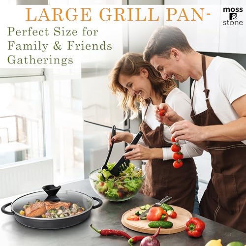 Moss & Stone 12" Grill Pan for Indoor Cooking, Nonstick Pan with Glass Lid - style: Round Indoor Grill Pan with Lid