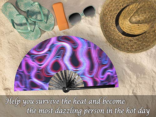 OMyTea Large Rave Clack Folding Hand Fan for Men/Women - Chinese Japanese Bamboo Handheld Fan - for EDM, Music Festival, Club, Event, Party, Dance, Performance, Decoration, Gift (Psychedelic Neon) - color: Psychedelic Neon