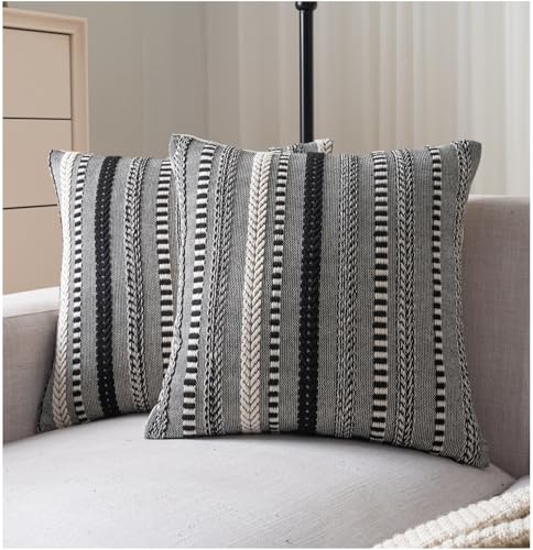 Cethom Boho Throw Pillow Covers 18x18 Inch Set of 2, Farmhouse Decorative Couch Pillow Cases, Black Accent Pillows of Bed, Sofa Bedroom Living Room Home Decor Cushion Cover - color: Black, size: 18" x 18" (Pack of 2)