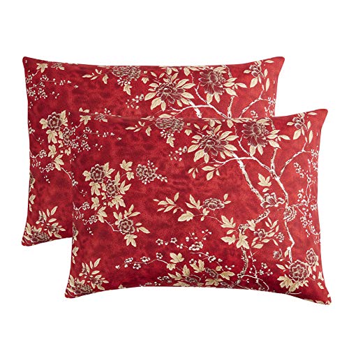 Wake In Cloud - Floral Pillow Cases, Vintage Flowers Toile Coquette Pattern Printed, Set of 2 Soft Pillowcases Pillow Shams Covers, Red, Standard Size 20x26 Inches - size: Standard (20"x26")