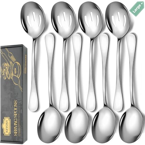 Serving Spoons Set, 8PCS, 10-Inch, Includes 4 Large, 4 Slotted - color: Silver, size: 8 Pieces (Large and Slotted)