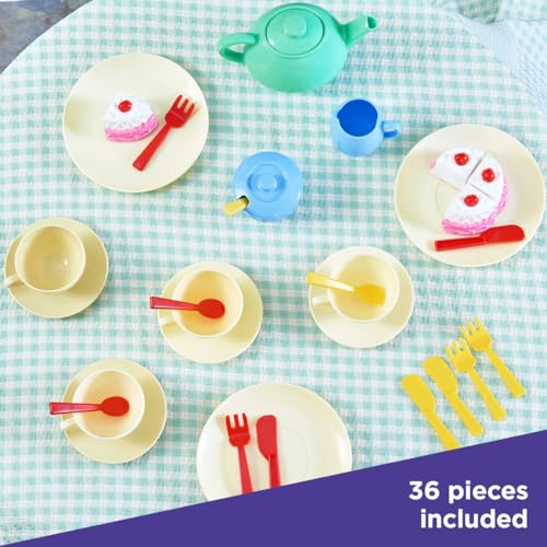 Casdon 36-Piece Tea Set - Colorful Toy Playset with Teapot, Milk Jug, Cups & Saucers, Cake, & More - Suitable for Preschool Toys - Playset for Children Aged 3+