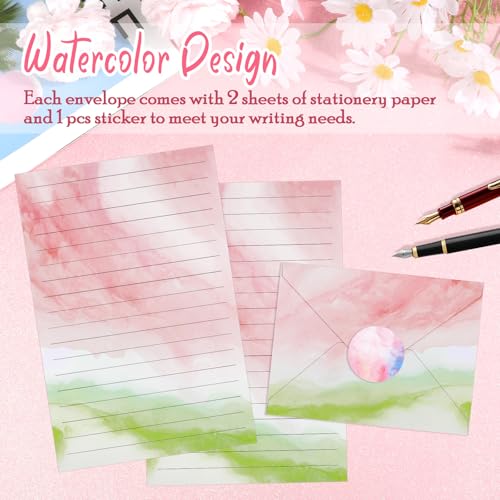 Konsait Watercolor Letter Stationary and Envelopes Set, 30 PCS Writing Stationary Paper with 15 PCS Envelopes and 1 Sheet Sticker, Colorful Letter Writing Set for Party Invitations (A)