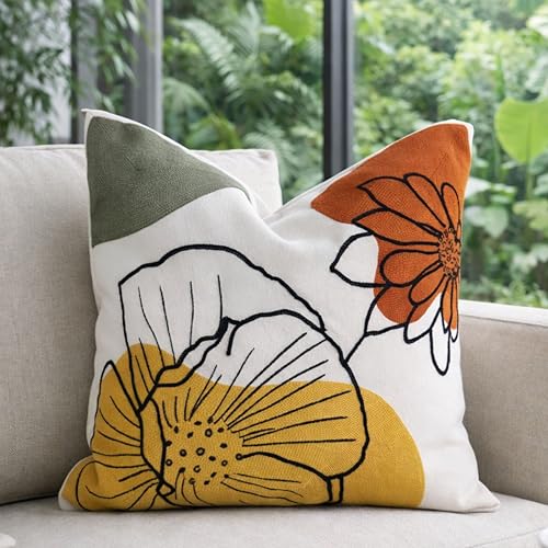 AYAY Decorative Velvet Throw Pillow Cover 18x18 Inch – Beige with Yellow, Rust & Olive Embroidered Floral Design, Earthy Boho Accent Cushion, Hidden Zipper, Cover Only - color: Earthy Floral Yellow and Olive
