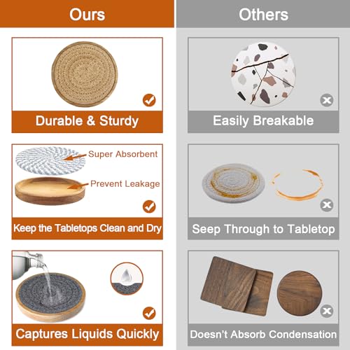 Eykao Coasters for Drinks Absorbent Sets of 8, Woven Coasters with Holder, Wood Coasters for Coffee Table, Housewarming Gift for Farmhouse Home Decor, 4 inches - color: Brown & Grey