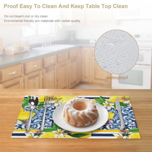 Summer Lemon Placemats Set of 4, 12x18 Inch Yellow and Blue Mediterranean Summer Fruit Italian Tiles Seasonal Heat Resistant Table Mats for Dining Kitchen Birthday Party Holiday Decor - color: Lemon04, size: 4pcs