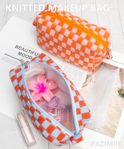 Checkered Makeup Bag for Purse, Small Travel Cosmetic Pouch,Orange Blue - color: Orange Blue