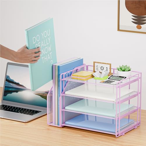 Marbrasse 4-Tier Paper Tray Organizer with File Holder, Purple - color: Purple
