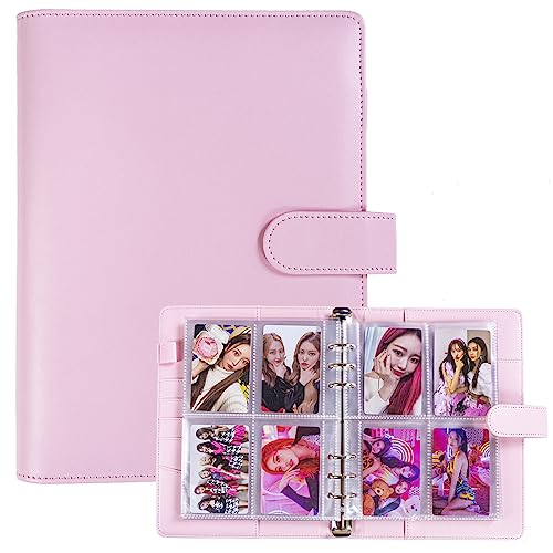A5 Kpop Photocard Binder with 30 Pack 4-Pocket Card Pages, 6 Ring A5 Binder Card Collector Album with 240 Card Slots,PU Leather Binder Cover with Magnetic Buckle Closure for Organizing Trading Card - color: Pink
