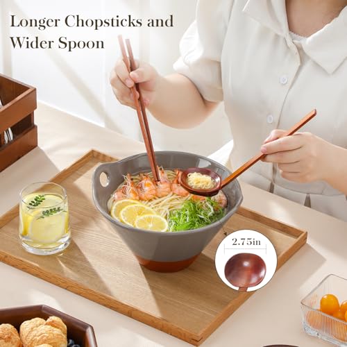 MALACASA 42 oz Ceramic Ramen Bowls with Chopsticks & Spoon, Brown & Khaki - color: Brown and Khaki