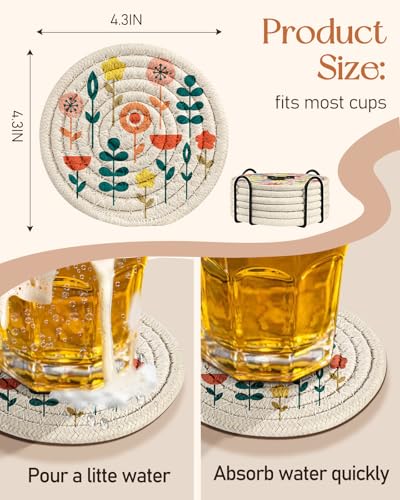 Absorbent Cup Coasters Set of 6 with Holder, Plants - color: Plants