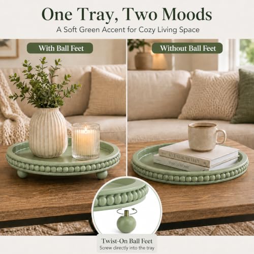 Sage Green Coffee Table Tray, 12" Round Wooden Decorative Tray - color: Sage Green
