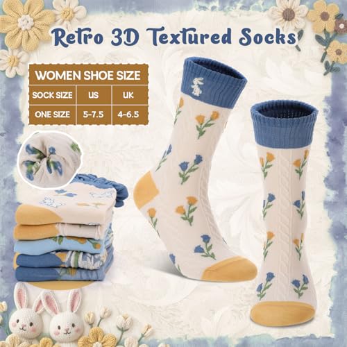 5/6 Pair Crew Socks for Women Floral Socks - color: Blue Yellow