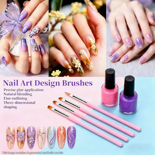 9Pcs Nail Art Brushes Set, 5 Pink Art Liners & 4 Multi-Shape Gel Brushes